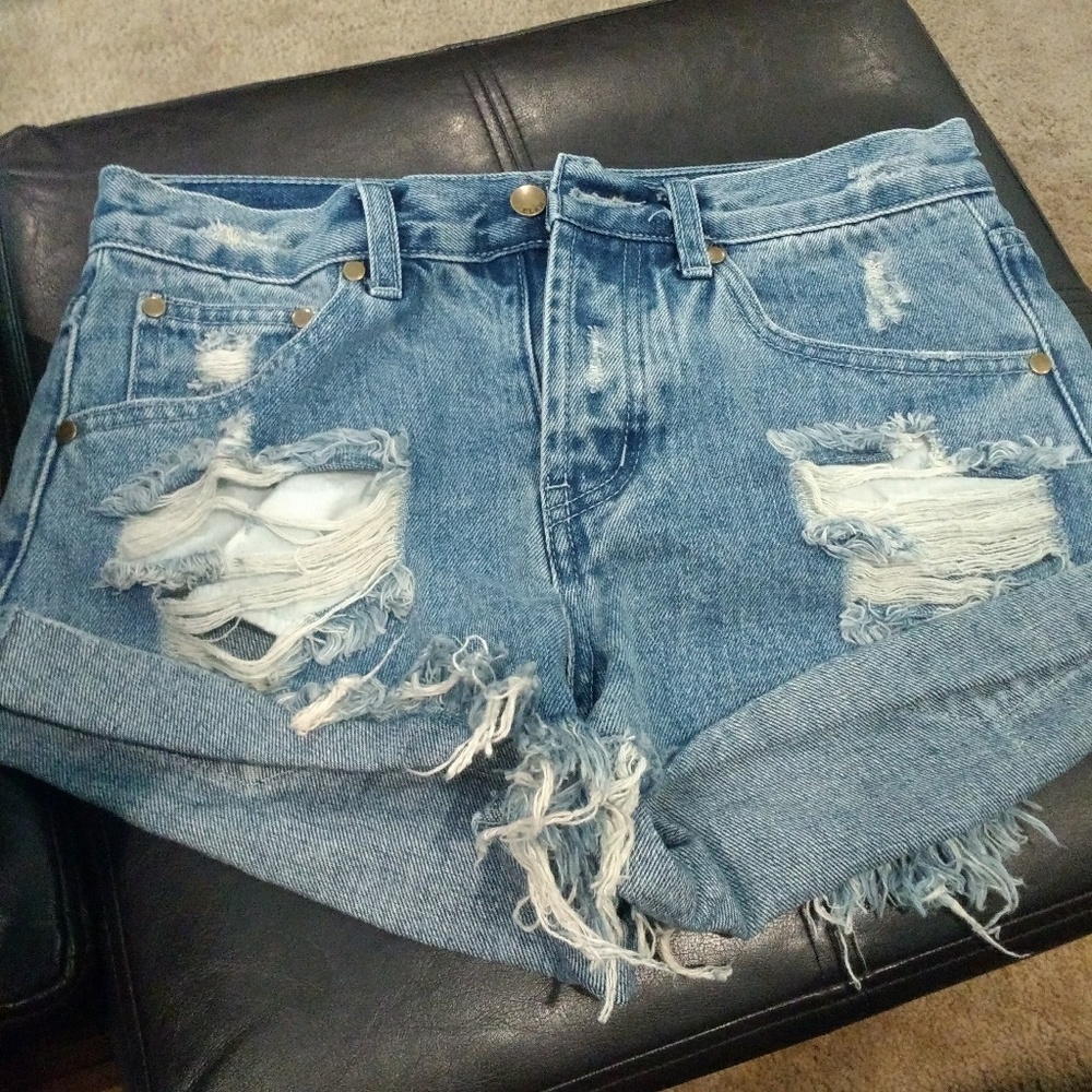 High waisted distressed jean shorts